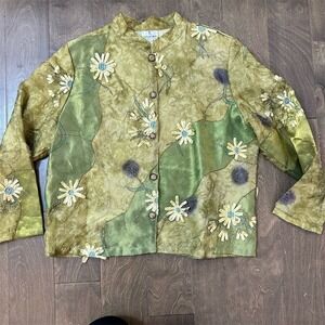 The Travel Collection Jacket Womens 18W Green Floral‎ Embroidered Button